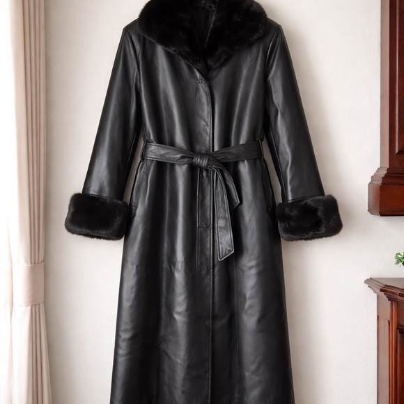 story in Istanbul Jackets & Blazers - Black Leather Long Coat with Fur Trim